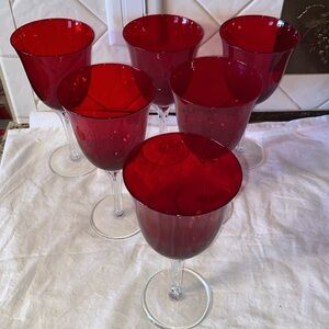 Set of 6 Vintage Ruby Red Wine Goblet Drinking Glasses Crystal Art Glass